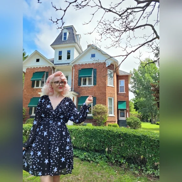 Starry Night Black Dress Star Print Long Sleeves Celestial Small - Picture 2 of 4